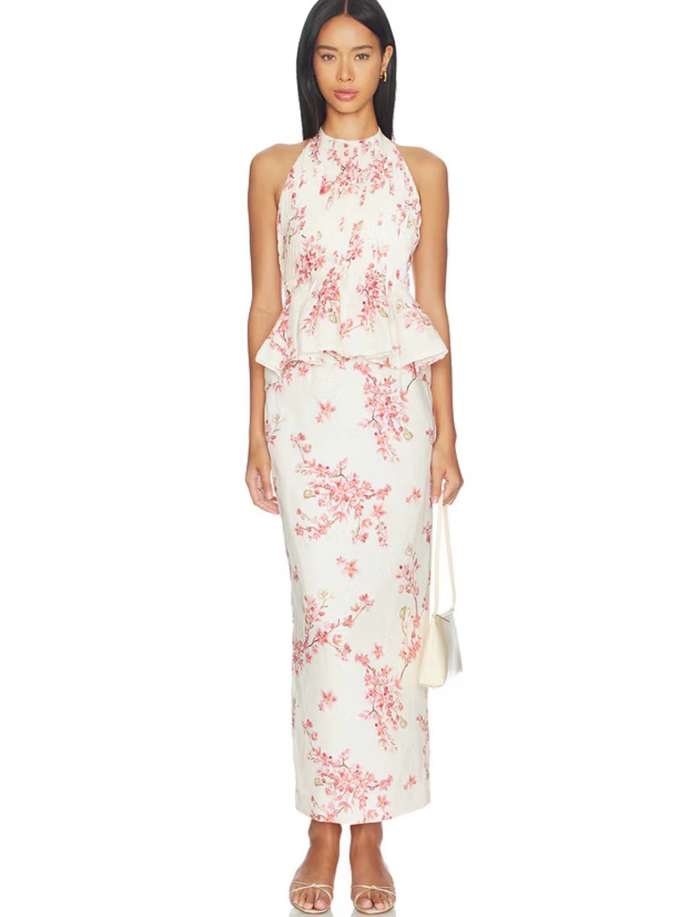 Agua by Agua Bendita Floral Linen Skirt in Cream and Pink